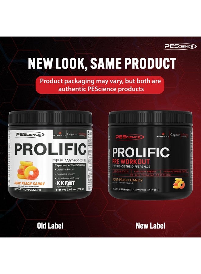 PEScience Prolific Energy Pre Workout - L Citrulline for Nitric Oxide, Rhodiola & CDP Choline Nootropic for Focus - Preworkout for Men & Women - 40 Scoops, Sour Peach Candy - Image 1
