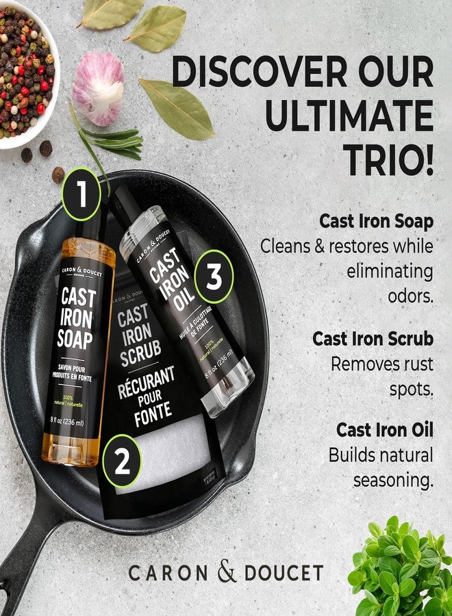 CARON & DOUCET - New Ultimate Cast Iron Set: Seasoning Oil, Cleaning Soap & Restoring Scrub | 100% Plant-Based & Best for Cleaning Care, Washing, Restoring & Seasoning Skillets, Pans & Grills! - Image 3