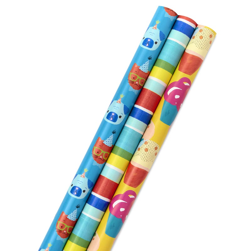 Hallmark Birthday Wrapping Paper Rolls for Kids for Graduation Parties Celebrations All Occasion  Animals Cupcakes  Colorful Stripes Set of 3 Rolls 55 sq ft ttl