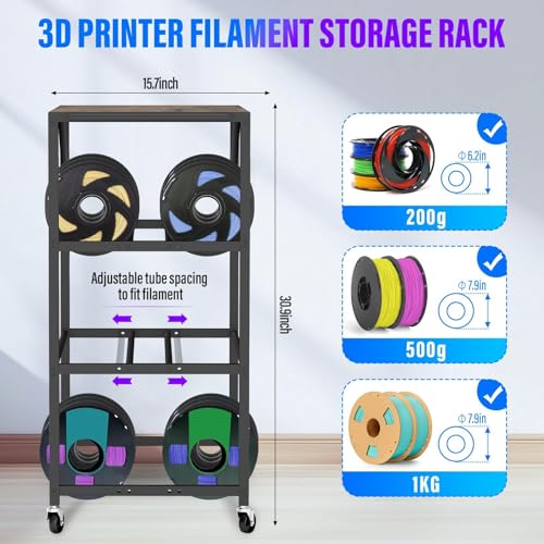 GIASSVIO 4-Tier 3D Printer Stand for Filament Storage,Heavy Duty 3D Printer Table Cart Holds 52 Spools,3D Printer Filament Rack with Wheels & Wood Top,3D Printers Cart for Workshop,Studio,Home Office (Brown) - Image 2