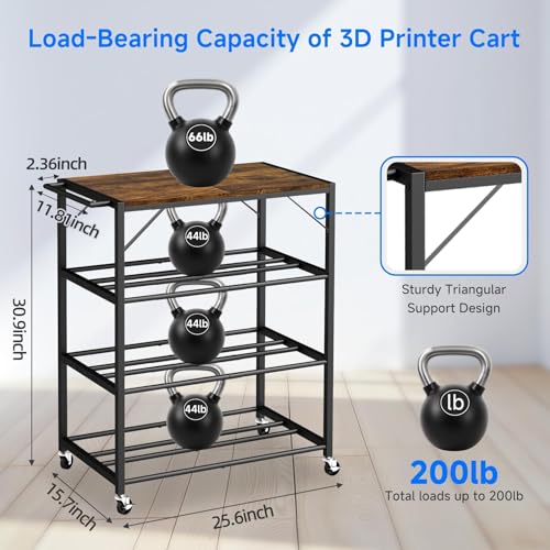GIASSVIO 4-Tier 3D Printer Stand for Filament Storage,Heavy Duty 3D Printer Table Cart Holds 52 Spools,3D Printer Filament Rack with Wheels & Wood Top,3D Printers Cart for Workshop,Studio,Home Office (Brown) - Image 4