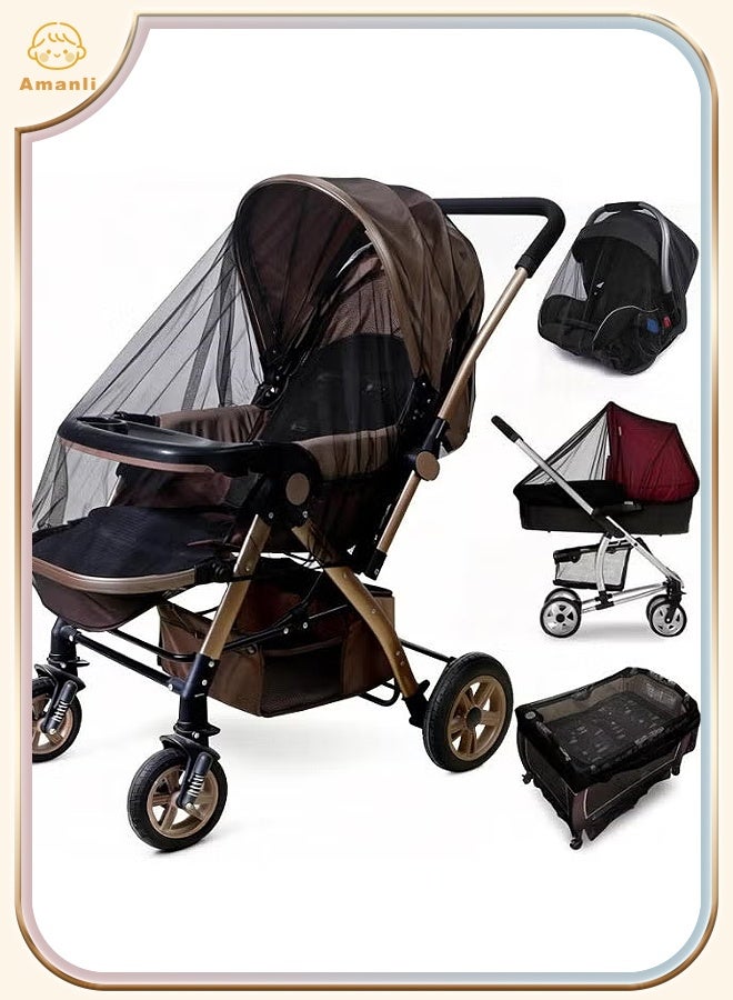 Amanli Baby Stroller Mosquito Net (2 Pack) - Durable Mesh Protection for Bassinets, Cradles, Playards, Pack N Plays & Portable Mini Cribs | Breathable Universal Fit Insect Barrier (Black) - Image 1