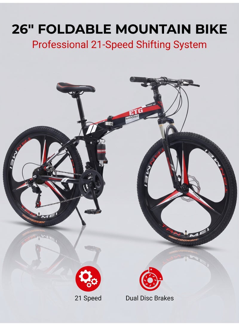 ETG 26-Inch 21-Speed Foldable Mountain Bike – High Carbon Steel Frame, 3-Blade Wheel - Image 1