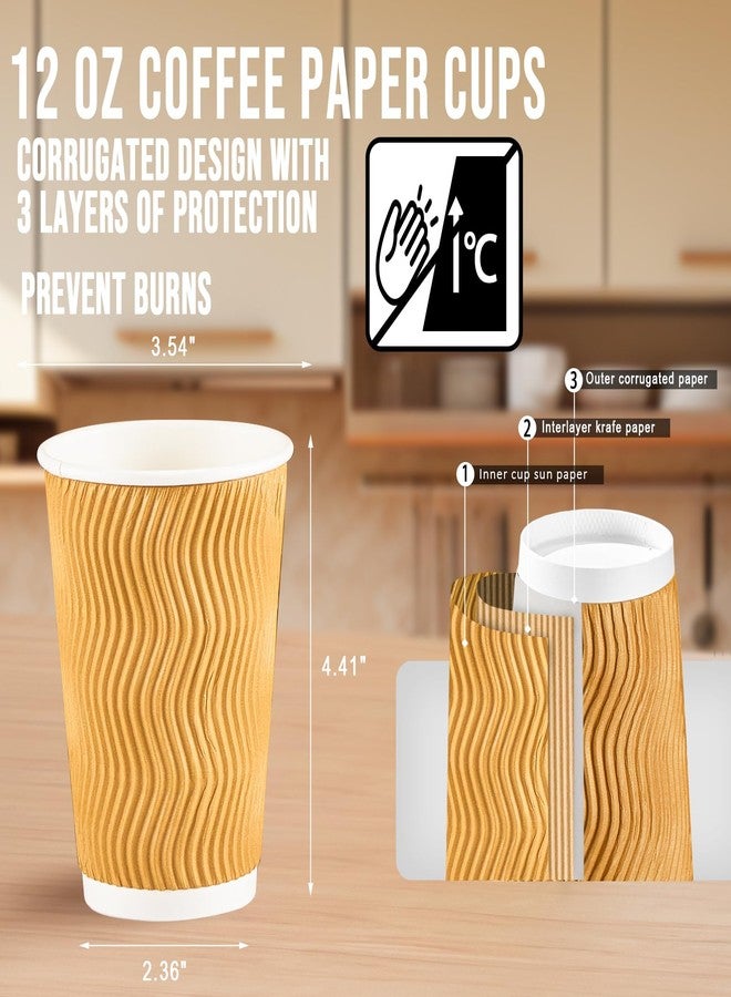 BYSNOW 100 Pack 12 oz Coffee Cups, Disposable Insulated Hot Cups To Go Paper Coffee Cups, Corrugated Ripple Wall Cup for Hot Drink, Office, Coffee Bar (Champagne 12 oz) - Image 2