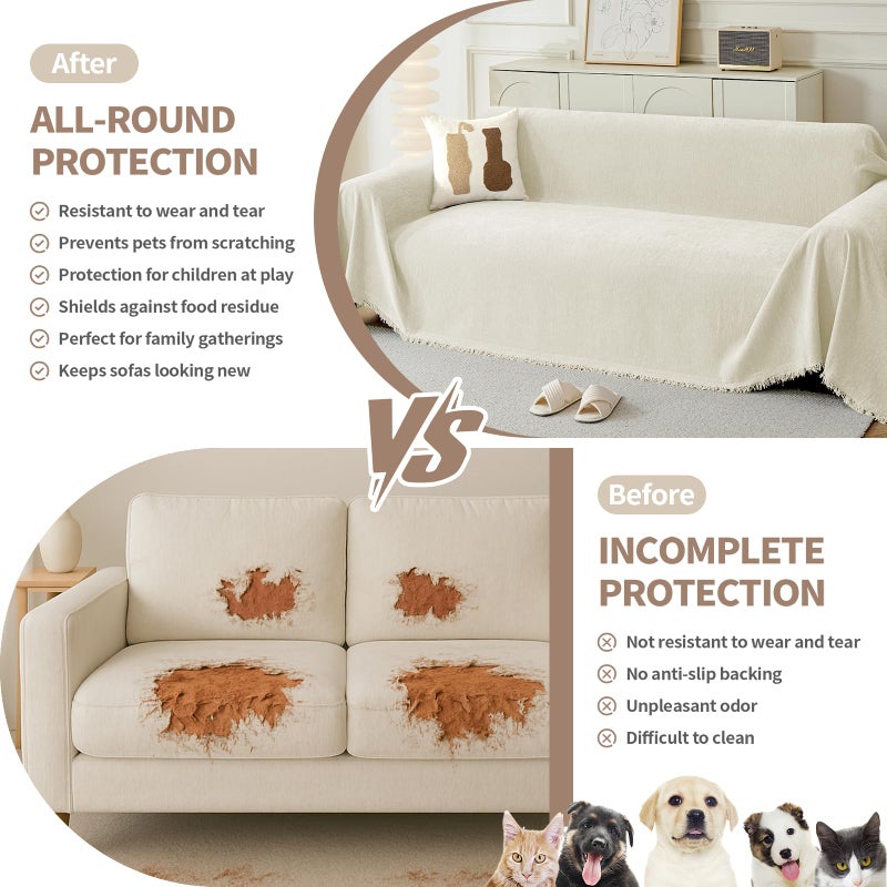 KaviKon Couch Cover for Dogs, Boho Sofa Covers for 3 Cushion Couch, Chenille Sofa Slipcover for Pets Washable, L-Shape Sectional Couch Loveseat Cover Soft Throw Blankets with Tassels(71x118,Cream) - Image 2