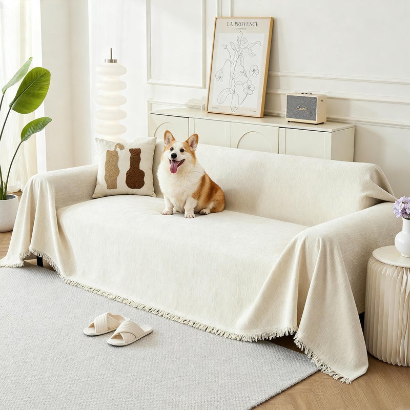 KaviKon Couch Cover for Dogs, Boho Sofa Covers for 3 Cushion Couch, Chenille Sofa Slipcover for Pets Washable, L-Shape Sectional Couch Loveseat Cover Soft Throw Blankets with Tassels(71x118,Cream) - Image 1