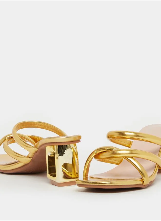 Styli Shiny Metallic Strappy Block Heel Sandals by Styli