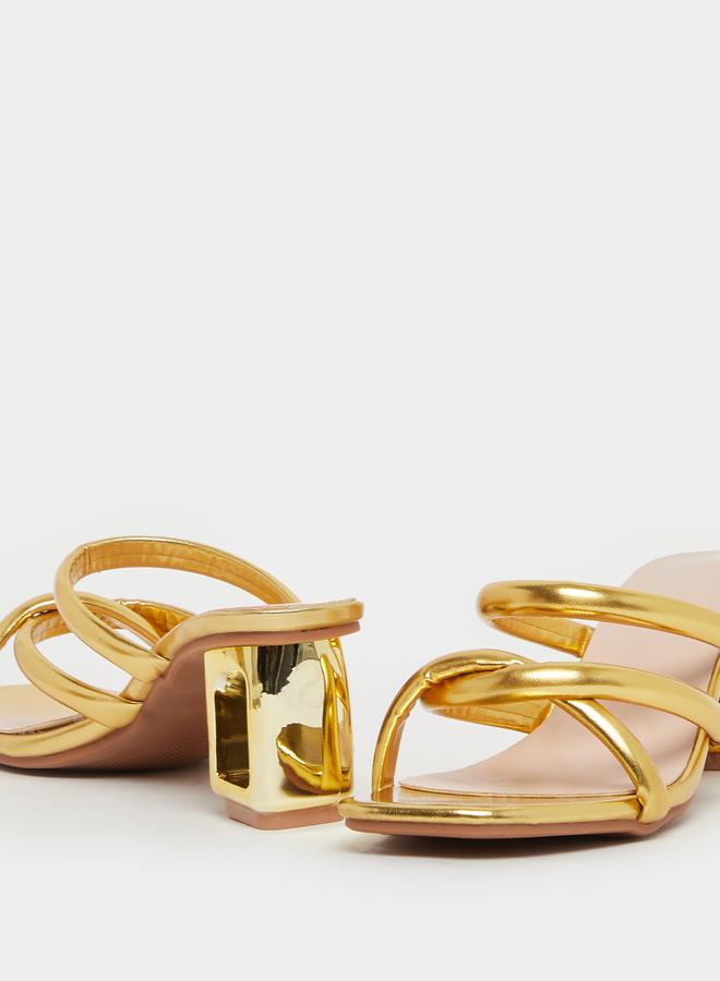 Take Two Shiny Metallic Strappy Block Heel Sandals by Styli - Image 3