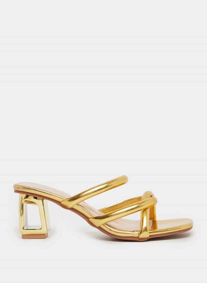 Take Two Shiny Metallic Strappy Block Heel Sandals by Styli - Image 1