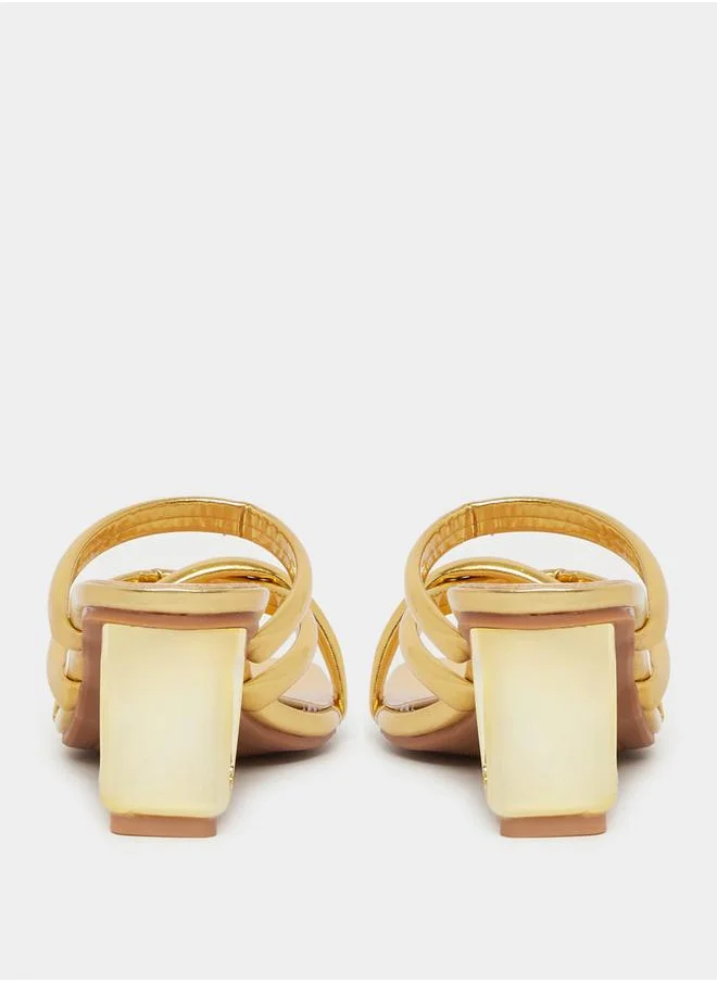 Styli Shiny Metallic Strappy Block Heel Sandals by Styli