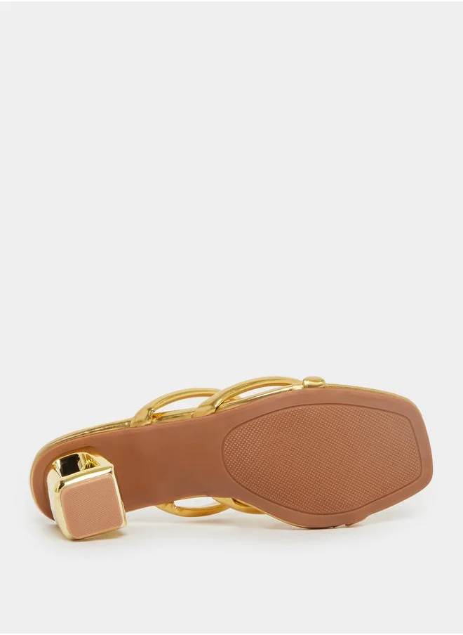Styli Shiny Metallic Strappy Block Heel Sandals by Styli