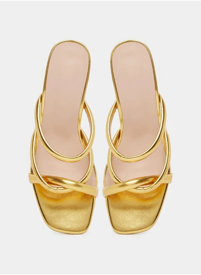 Styli Shiny Metallic Strappy Block Heel Sandals by Styli