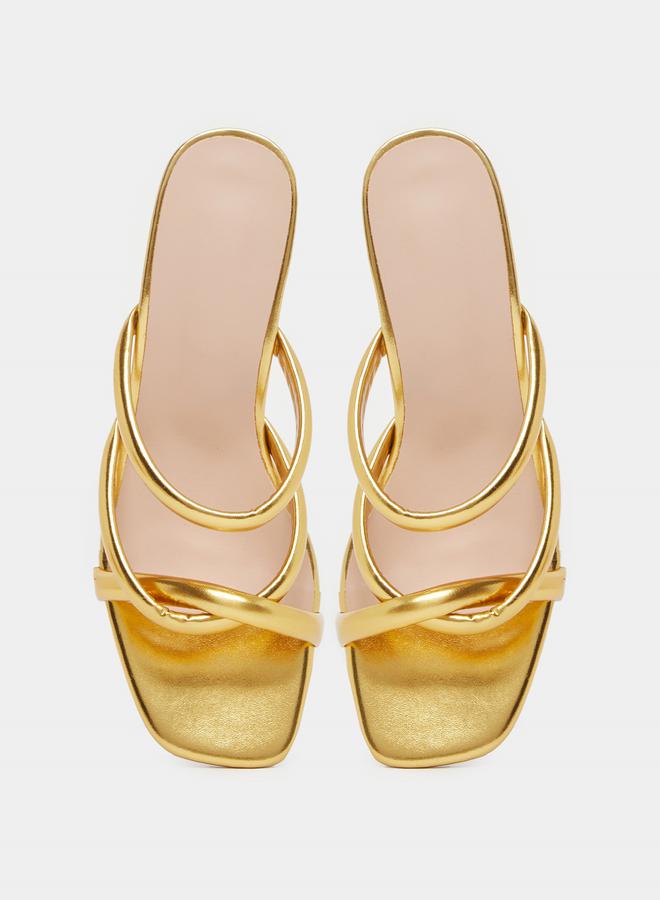 Take Two Shiny Metallic Strappy Block Heel Sandals by Styli - Image 5