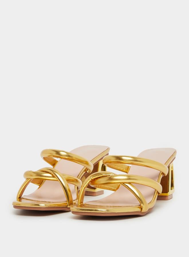Take Two Shiny Metallic Strappy Block Heel Sandals by Styli - Image 2