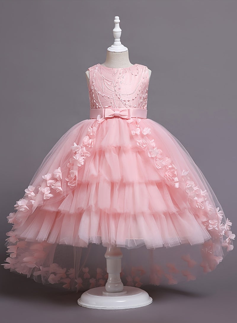 AROAQ Beads And Appliques Design Girls Formal Dress With Trailing, Fluffy Princess Dress Perfect For Banquets Performances (Pink) - Image 1
