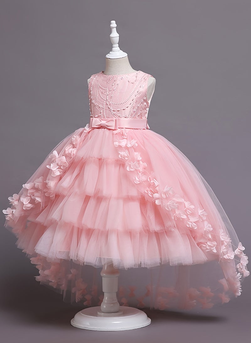 AROAQ Beads And Appliques Design Girls Formal Dress With Trailing, Fluffy Princess Dress Perfect For Banquets Performances (Pink) - Image 3