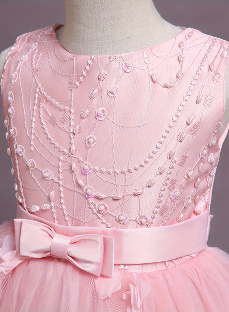 AROAQ Beads And Appliques Design Girls Formal Dress With Trailing, Fluffy Princess Dress Perfect For Banquets Performances (Pink) - Image 4