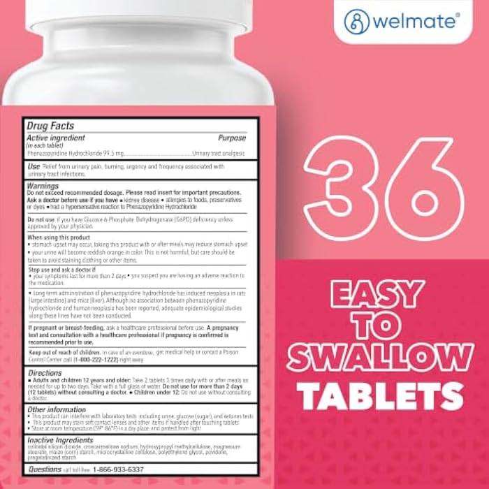 WELMATE Urinary Pain UTI Relief Maximum Strength (Phenazopyridine HCL) - Improve Urinary Tract Health & Bladder Control, Urgency, & Discomfort | Over-The-Counter Medication for Men & Women (36 Pills) - Image 5