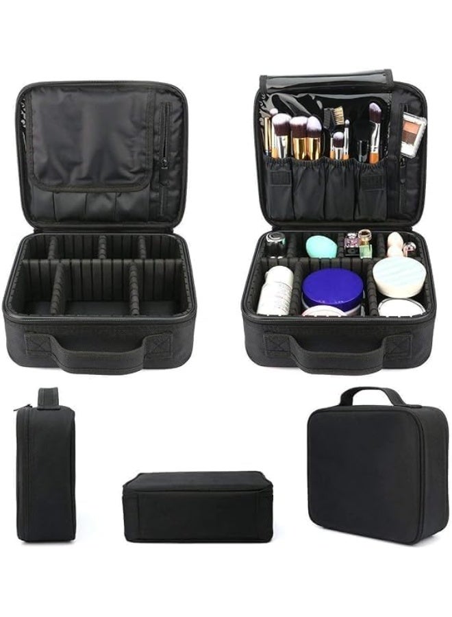Portable Travel Makeup Bag, Multi-Compartment Cosmetic Organizer with Adjustable Dividers, Toiletry Storage Case for Brushes Jewelry Digital Accessories, Black - Image 1