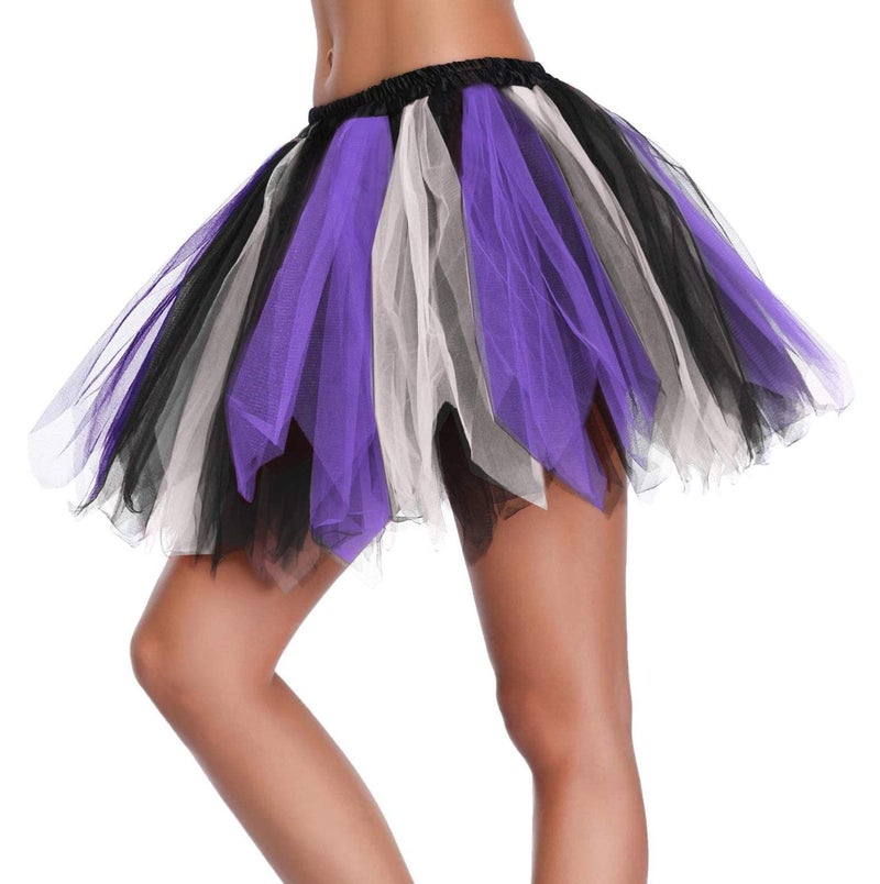 V28 Women's Teenâ€˜s 1950s Vintage Tutu Tulle Petticoat Ballet Bubble Skirt (Large, Black+White+Purple) - Image 2