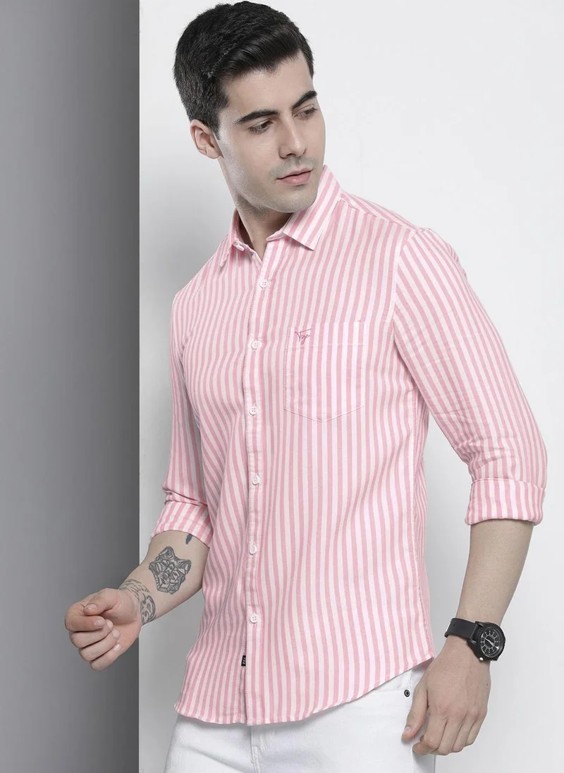 Men Regular Fit Striped Full Sleeves Cutaway Collar Casual Shirt
