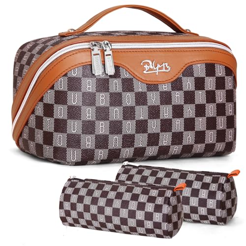 BOYATU Travel Makeup Bag Organizer Cosmetic Bag: 3 Pcs Set Make up Bags for Women with Handle - Waterproof Vegan Leather Toiletry Bags Travel Essentials Pouch with Compartments (H-01-Brown) - Image 1