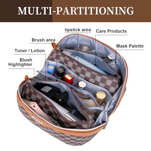 BOYATU Travel Makeup Bag Organizer Cosmetic Bag: 3 Pcs Set Make up Bags for Women with Handle - Waterproof Vegan Leather Toiletry Bags Travel Essentials Pouch with Compartments (H-01-Brown) - Image 2