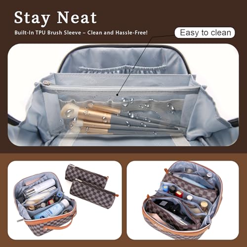 BOYATU Travel Makeup Bag Organizer Cosmetic Bag: 3 Pcs Set Make up Bags for Women with Handle - Waterproof Vegan Leather Toiletry Bags Travel Essentials Pouch with Compartments (H-01-Brown) - Image 3