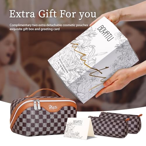 BOYATU Travel Makeup Bag Organizer Cosmetic Bag: 3 Pcs Set Make up Bags for Women with Handle - Waterproof Vegan Leather Toiletry Bags Travel Essentials Pouch with Compartments (H-01-Brown) - Image 5