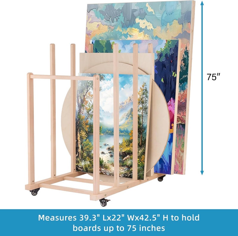 Somime Extra Large Art Canvas Storage Rack, Art Drying Rack, Wooden Canvas Boards Rack with Handle and Caster Wheels for Drawing Boards, Panels, Artwork in Art Studio/Gallery - Image 3