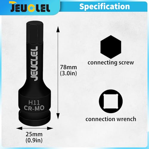 JEUCLEL 11mm Hex Impact Bit Socket, H8 1/2-Inch Impact Drive Allen Socket, Cr-Mo Steel Lengthen Hex Screwdriver Adapter for Electric Ratchet Wrenches Fastening Screws - Image 2