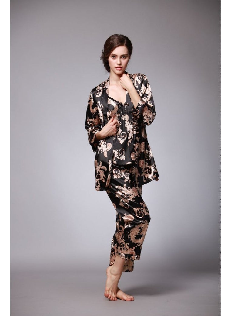 Closme Women's 3 Piece Satin Pajama Set, Black Gold Phoenix Print Luxury Sleepwear, Long Sleeve Robe + Cami Top + Pants Loungewear - Image 1