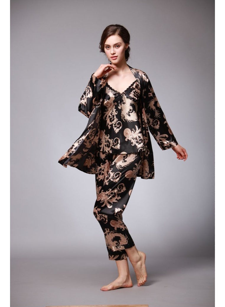 Closme Women's 3 Piece Satin Pajama Set, Black Gold Phoenix Print Luxury Sleepwear, Long Sleeve Robe + Cami Top + Pants Loungewear - Image 3