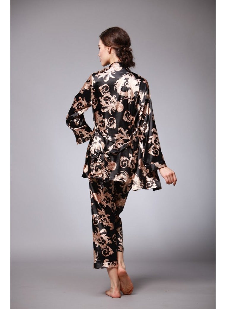 Closme Women's 3 Piece Satin Pajama Set, Black Gold Phoenix Print Luxury Sleepwear, Long Sleeve Robe + Cami Top + Pants Loungewear - Image 4