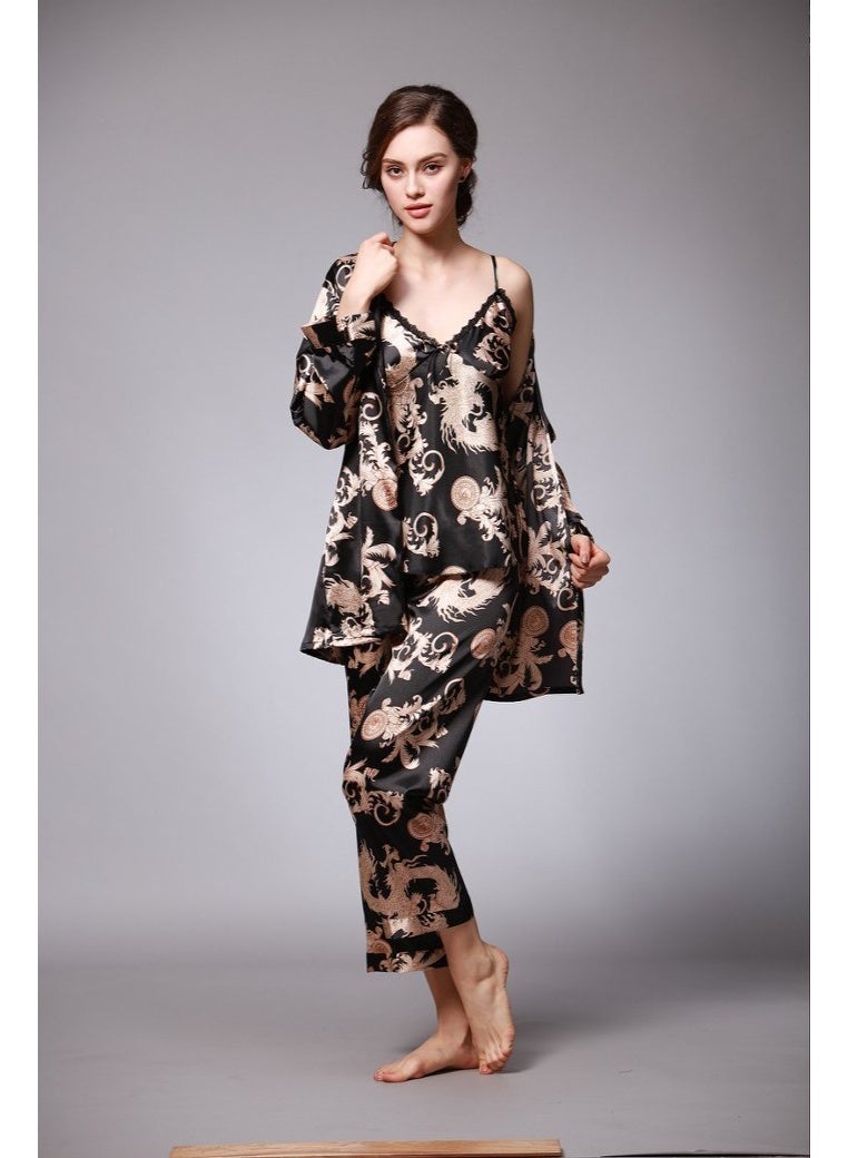 Closme Women's 3 Piece Satin Pajama Set, Black Gold Phoenix Print Luxury Sleepwear, Long Sleeve Robe + Cami Top + Pants Loungewear - Image 2