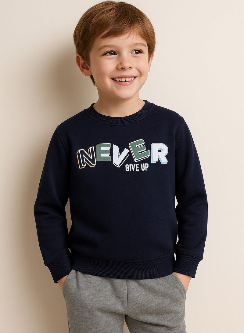 victor and jane Boys' Navy "Never Give Up" Slogan Sweatshirt - Image 1