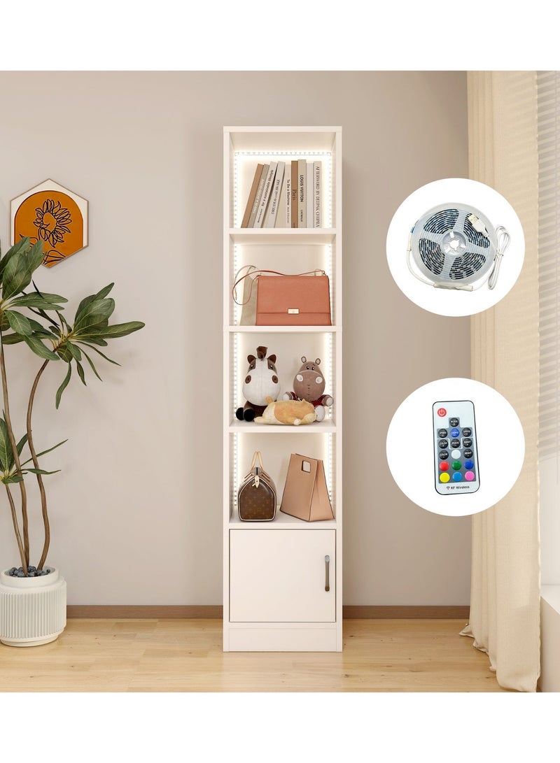  CityRiya-Long خزانة كتب بيضاء، رف كتب من 5 طبقات مع إضاءة LED، خزانة تخزين بطول 178 سم، منظم أقراص DVD وCD، رفوف عرض وتخزين، رف تخزين مفتوح، رفوف كتب للمكتب المنزلي (أبيض) - Image 2