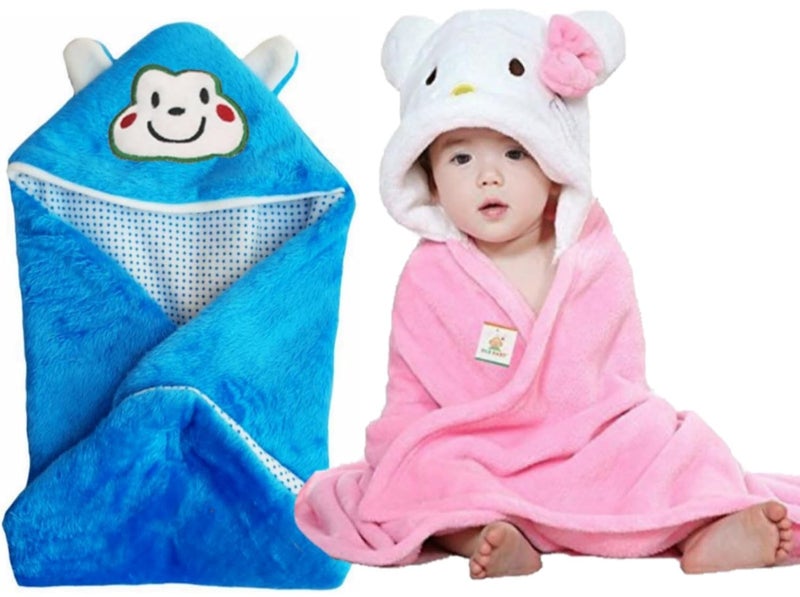 Brandonn BRANDONN Newborn Combo of Furry Glacier Hooded Smily Baby Blanket and Premium Glacier Hooded Baby Wrapper(Pack of 2, Pink n White-Blue) - Image 1