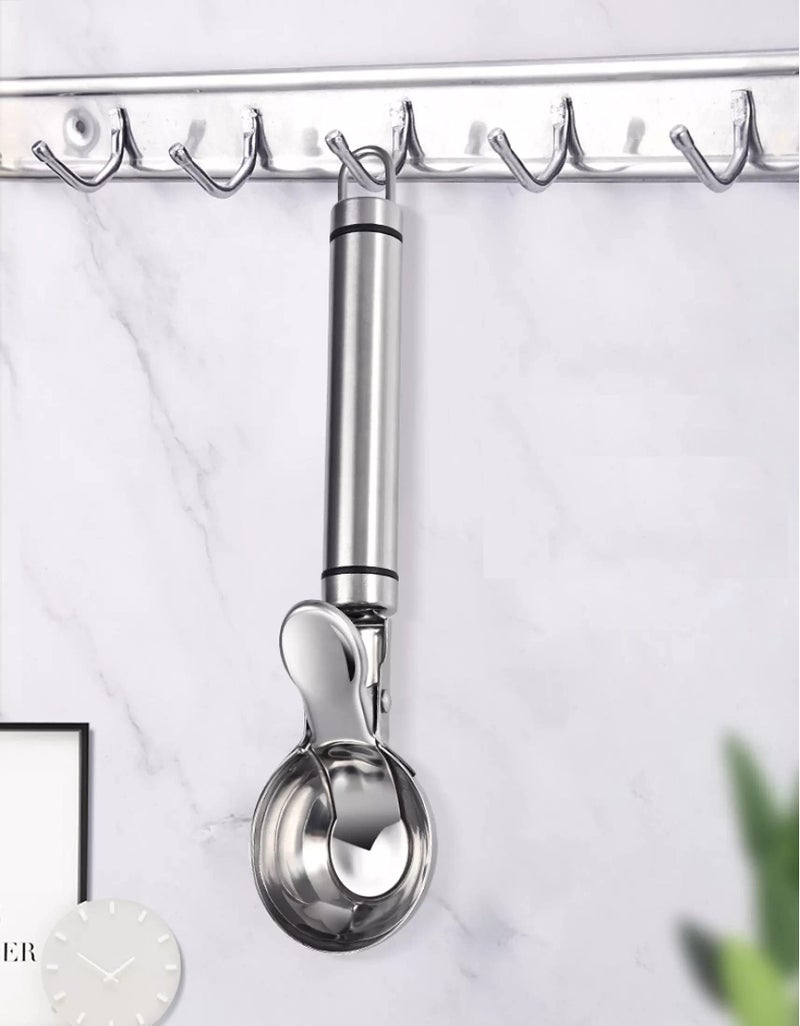Iktu Solid Stainless Steel Ice Cream Scoop,Stainless Steel Ice Cream Spoon with Easy Trigger, Dipper for Fruits, Water Melon Scoop - Image 2