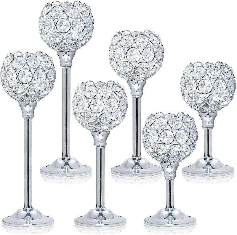 Kehail Crystal Metal Tealight Candlestick Set of 6 - Elegant Silver Candelabras for Wedding and Dining Table Decor - Image 1