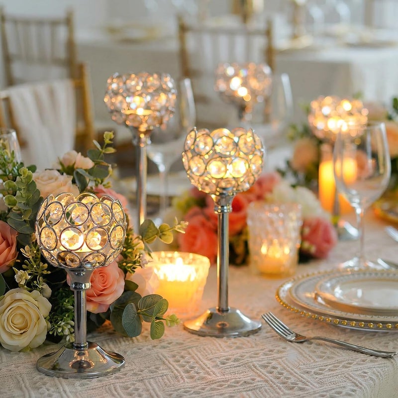 Kehail Crystal Metal Tealight Candlestick Set of 6 - Elegant Silver Candelabras for Wedding and Dining Table Decor - Image 4