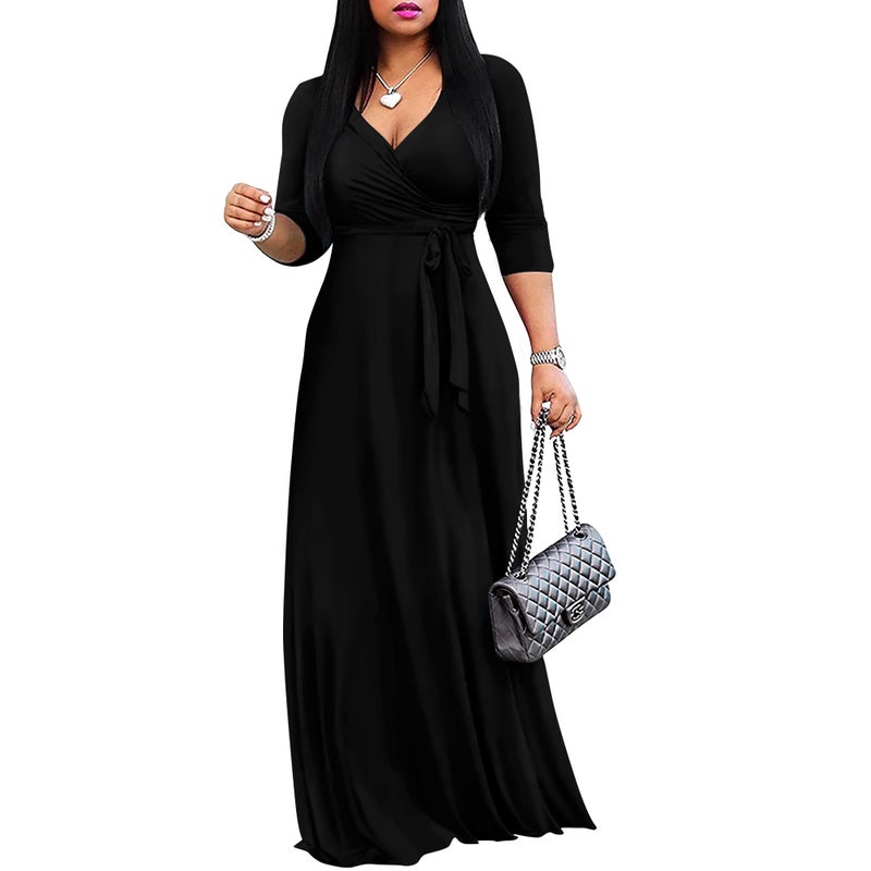 FANDEE Plus Size Maxi Dress for Women - Casual Summer Sundress V-Neck 3/4 Sleeve Solid Black L - Image 1