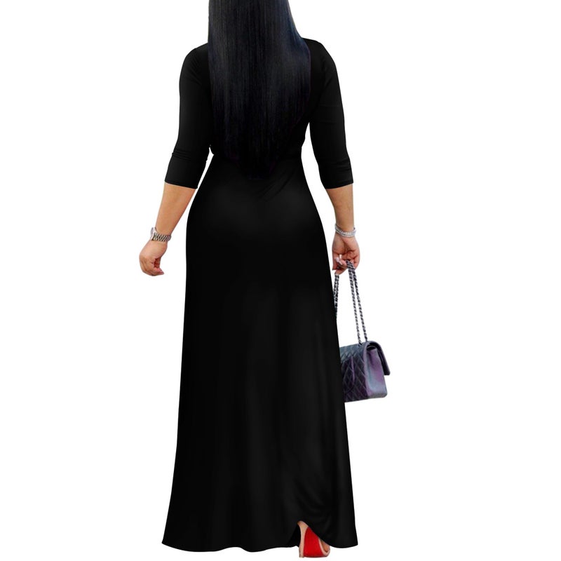 FANDEE Plus Size Maxi Dress for Women - Casual Summer Sundress V-Neck 3/4 Sleeve Solid Black L - Image 2