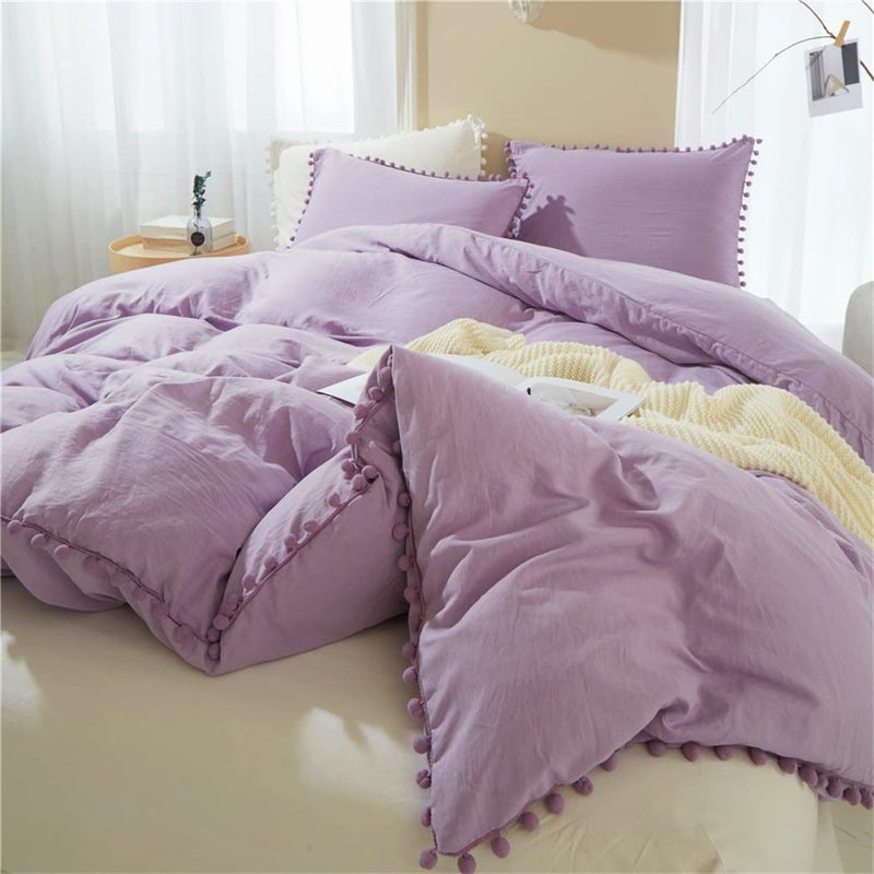 IHOUSTRIY Duvet Cover Full Size100 Washed Microfiber 3pcs Bedding Duvet Cover Set Pom Poms Fringe Solid Color Soft and Breathable with Zipper Closure  Corner Ties Purple Full