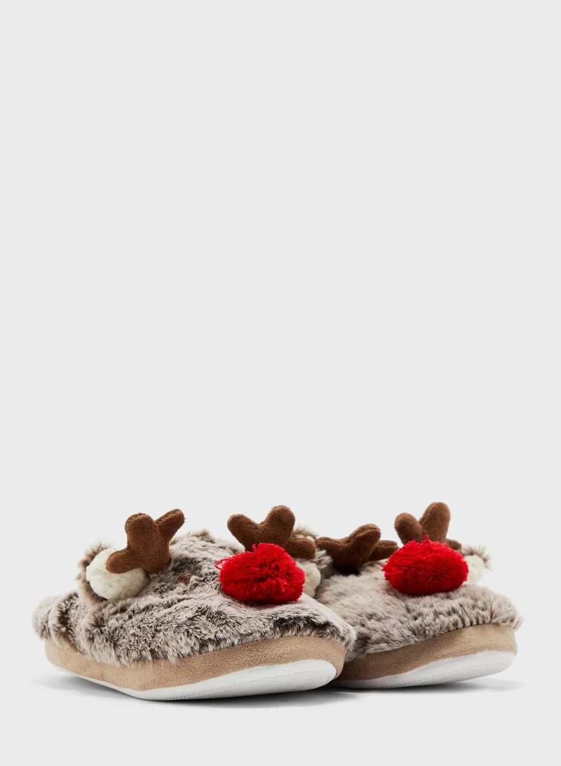 Ginger Plush Faux Fur Rudolf Slippers