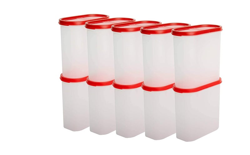 PRIZMA Pack of 10 Stackable BPA-Free Modular Design Air Tight Kitchen Storage Container Set with Plain Lids for Kitchen Organiser, Pulses, Aatta, Rice, Grains, (1800ml/7.6 Cup/60.9 Oz, Red) - Image 1