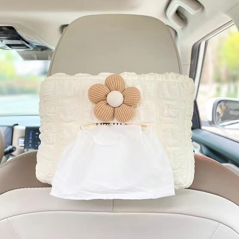 STHIRA® Car Tissue Holder with Plush Flower Universal Car Tissue Box Hanging Car Tissue Paper Holder for Sun Visor/Backseat/Armrest, Quick Release Buckle, Durable & Compact Tissue Holder for Car - Image 1
