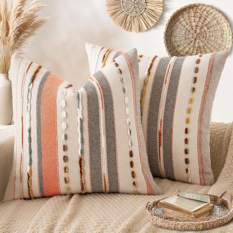 ANRODUO Pack of 2 Boho Decorative Throw Pillow Covers 18x18 Farmhouse Cushion Case Striped Chenille Pillow Cases Square Pillow Covers Accent Neutral Pillowcase for Sofa Couch Bed, Pink Stripe - Image 1