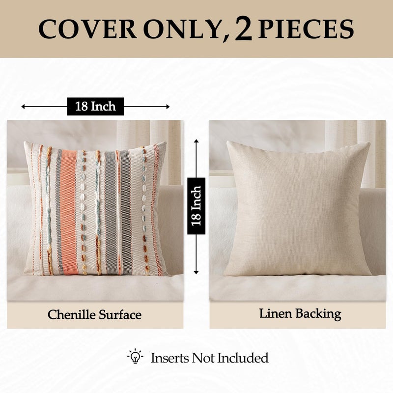 ANRODUO Pack of 2 Boho Decorative Throw Pillow Covers 18x18 Farmhouse Cushion Case Striped Chenille Pillow Cases Square Pillow Covers Accent Neutral Pillowcase for Sofa Couch Bed, Pink Stripe - Image 4