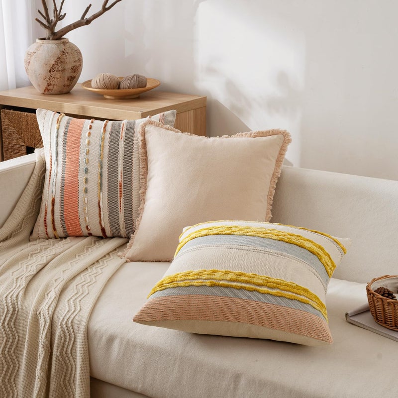 ANRODUO Pack of 2 Boho Decorative Throw Pillow Covers 18x18 Farmhouse Cushion Case Striped Chenille Pillow Cases Square Pillow Covers Accent Neutral Pillowcase for Sofa Couch Bed, Pink Stripe - Image 3